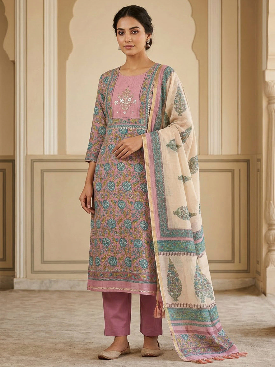 Onion Pink Chanderi Embroidered Unstitched Dress Material