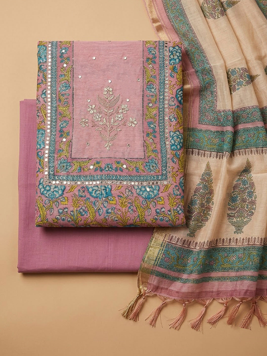 Onion Pink Chanderi Embroidered Unstitched Dress Material