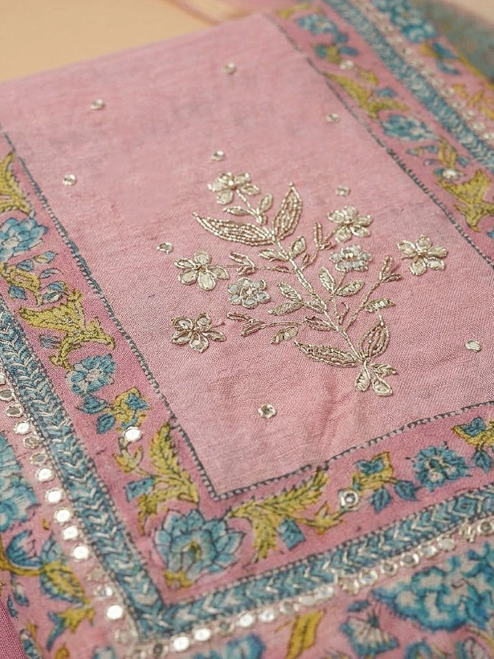 Onion Pink Chanderi Embroidered Unstitched Dress Material