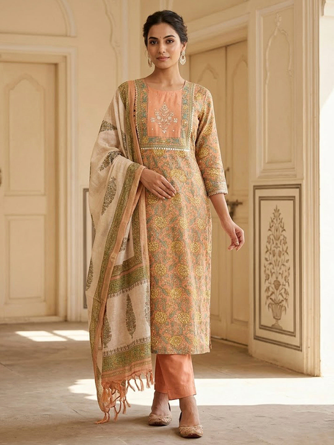 Peach Chanderi Embroidered Unstitched Dress Material