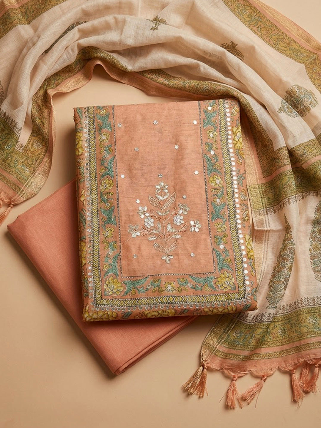Peach Chanderi Embroidered Unstitched Dress Material