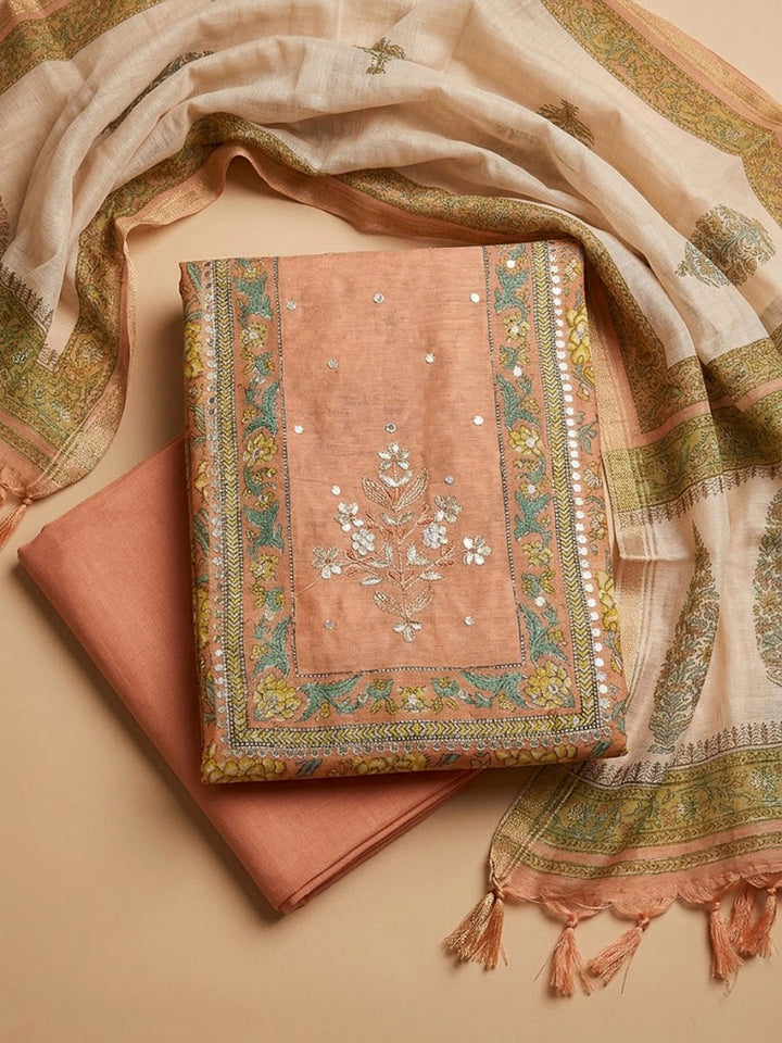 Peach Chanderi Embroidered Unstitched Dress Material