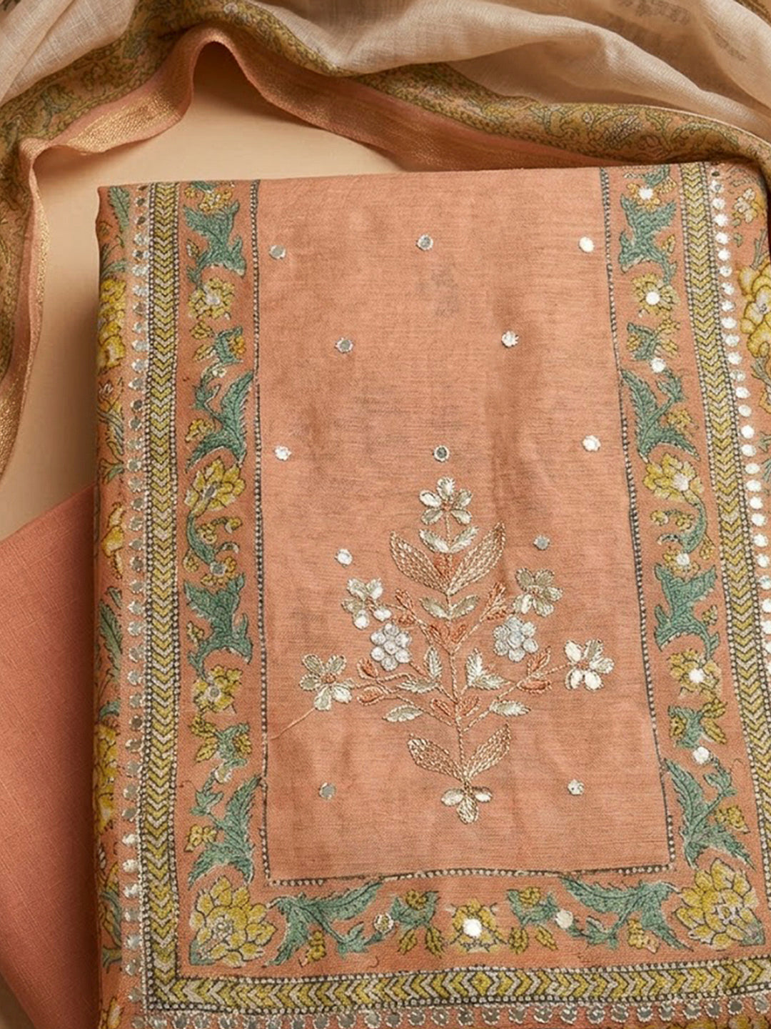 Peach Chanderi Embroidered Unstitched Dress Material