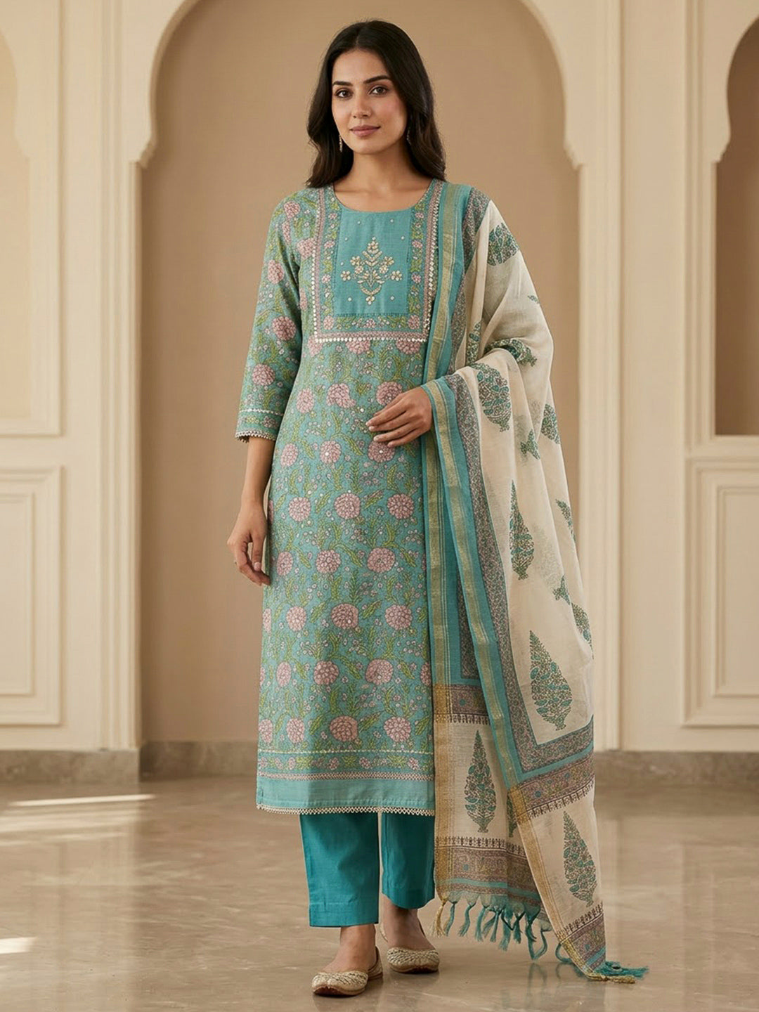 Rama Green Chanderi Embroidered Unstitched Dress Material