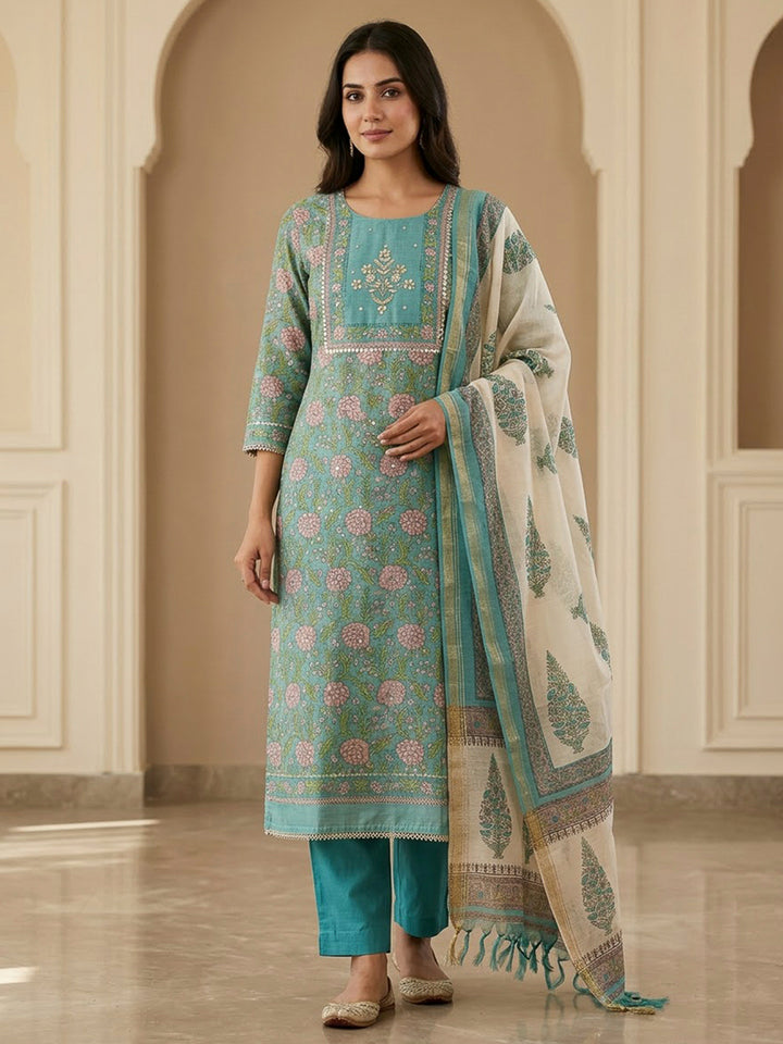 Rama Green Chanderi Embroidered Unstitched Dress Material