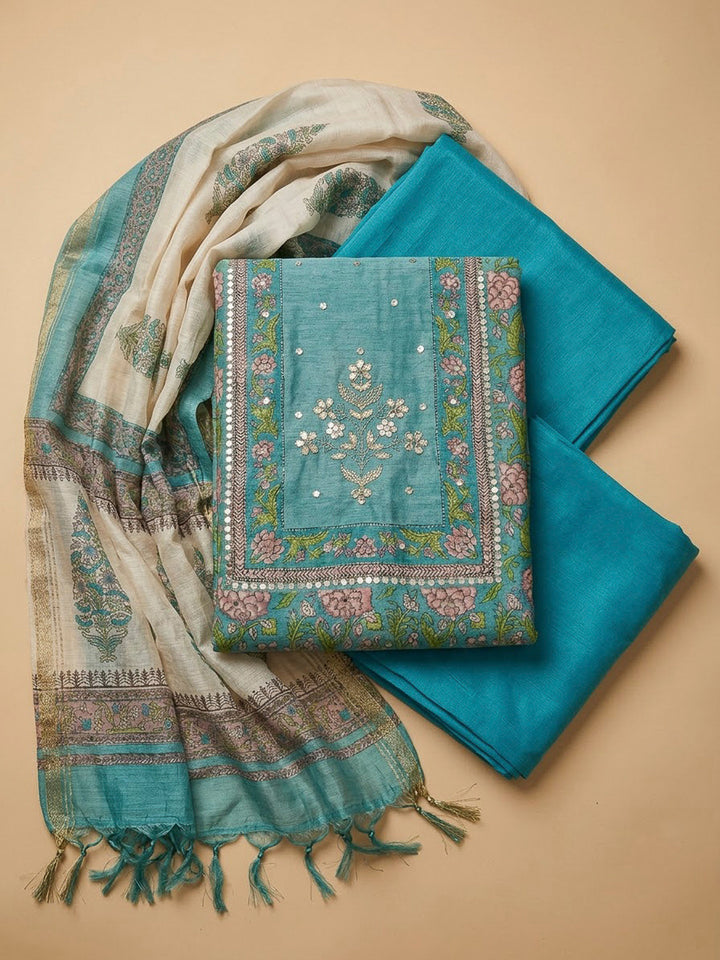 Rama Green Chanderi Embroidered Unstitched Dress Material