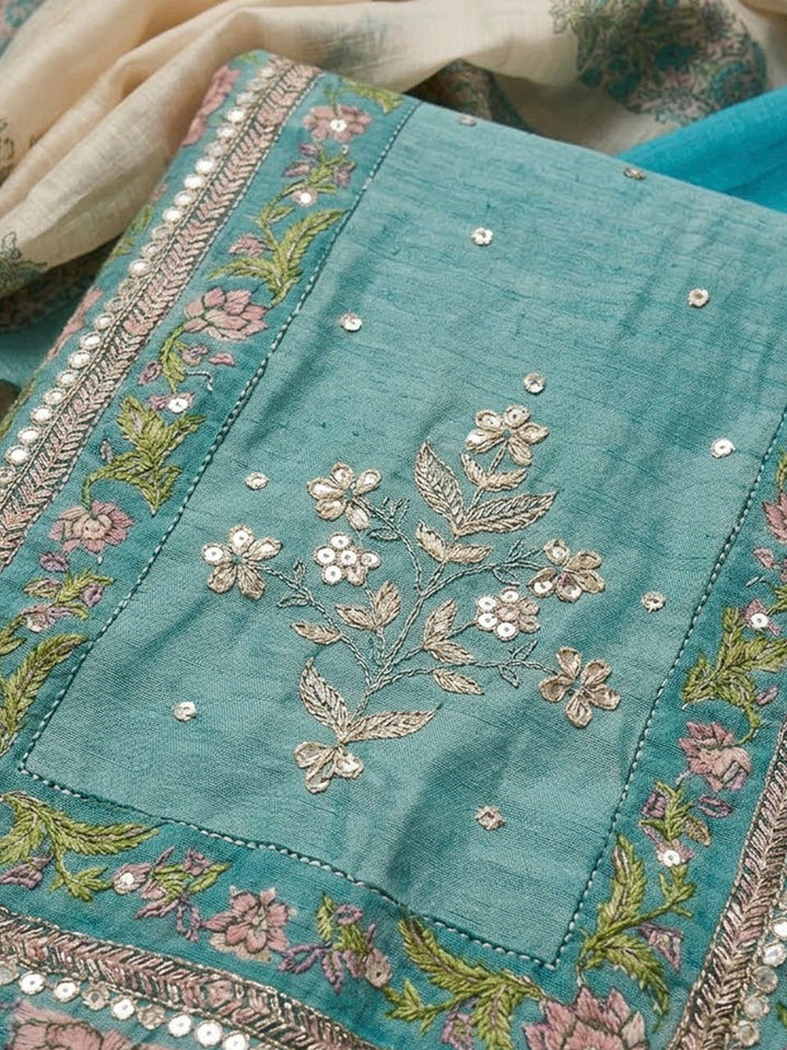 Rama Green Chanderi Embroidered Unstitched Dress Material