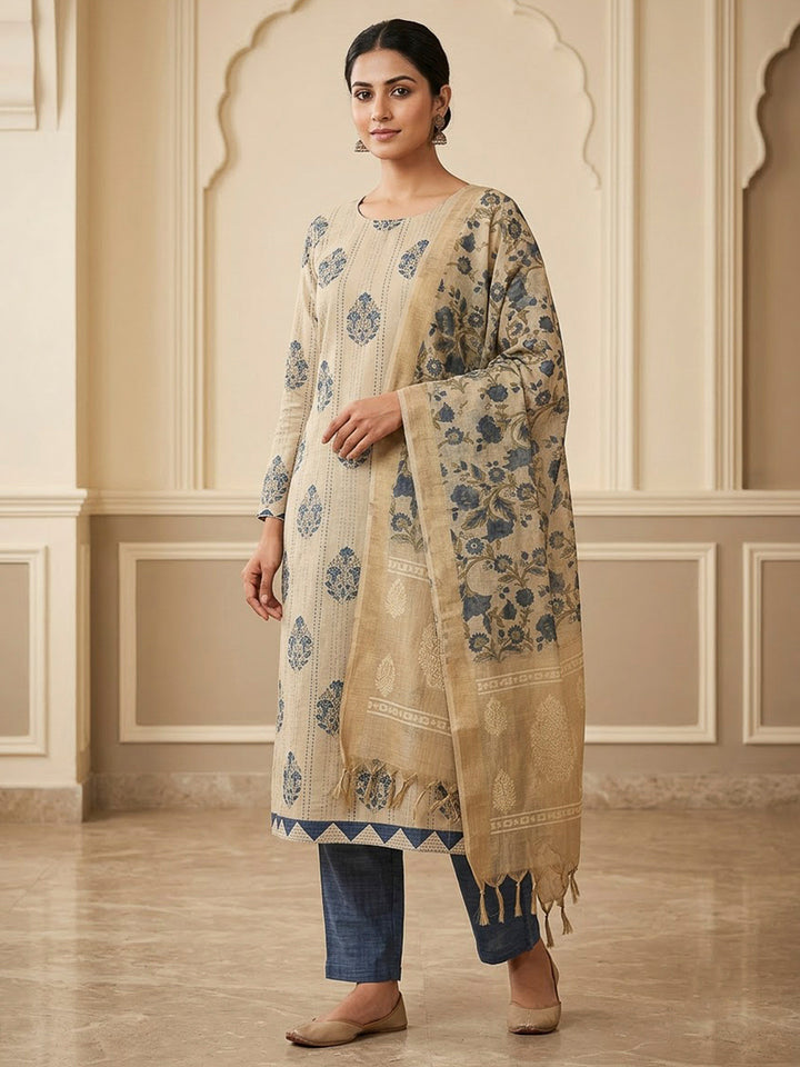Beige Chanderi Printed Unstitched Dress Material
