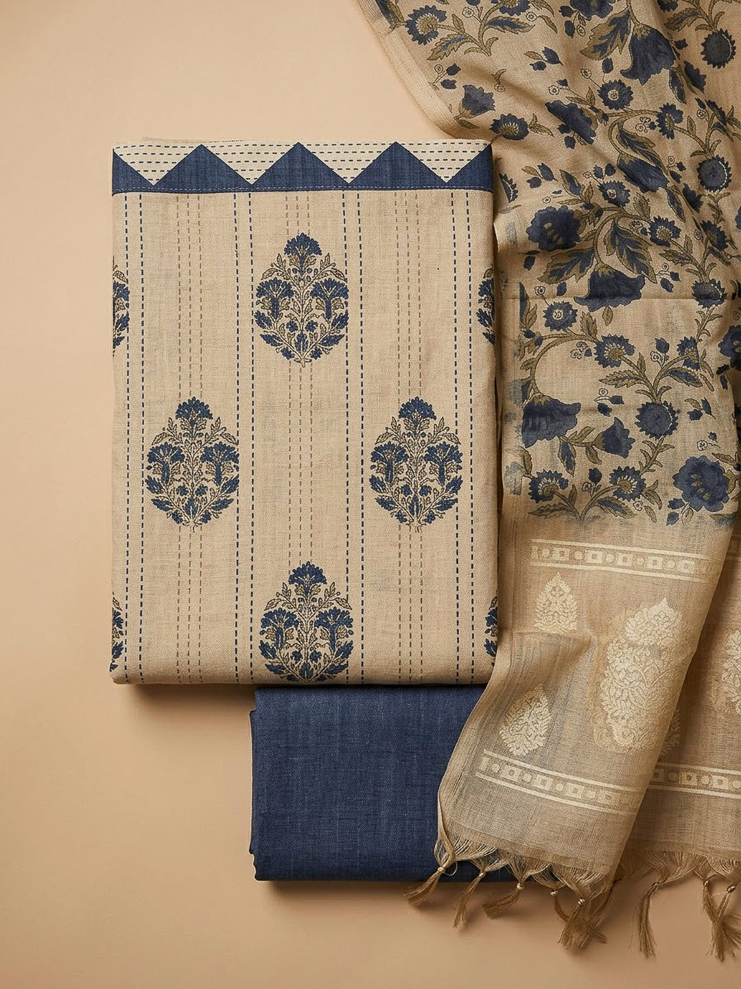 Beige Chanderi Printed Unstitched Dress Material