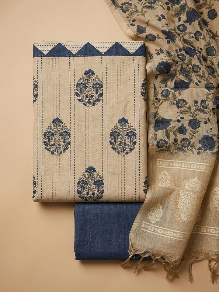 Beige Chanderi Printed Unstitched Dress Material