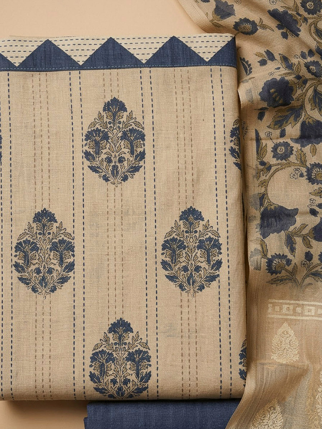Beige Chanderi Printed Unstitched Dress Material