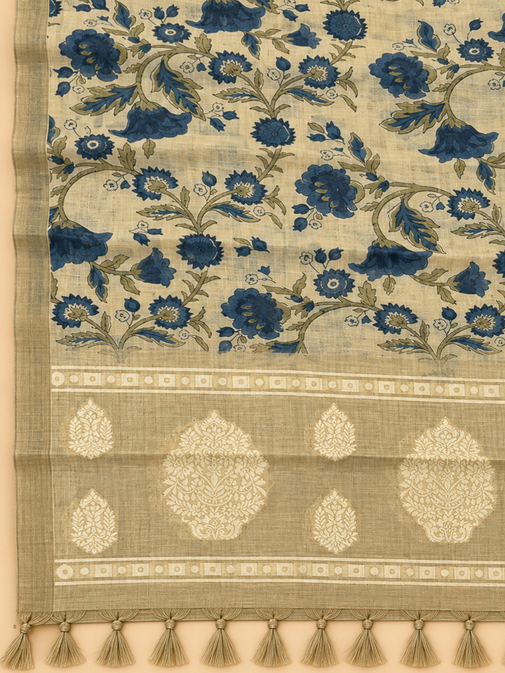 Beige Chanderi Printed Unstitched Dress Material