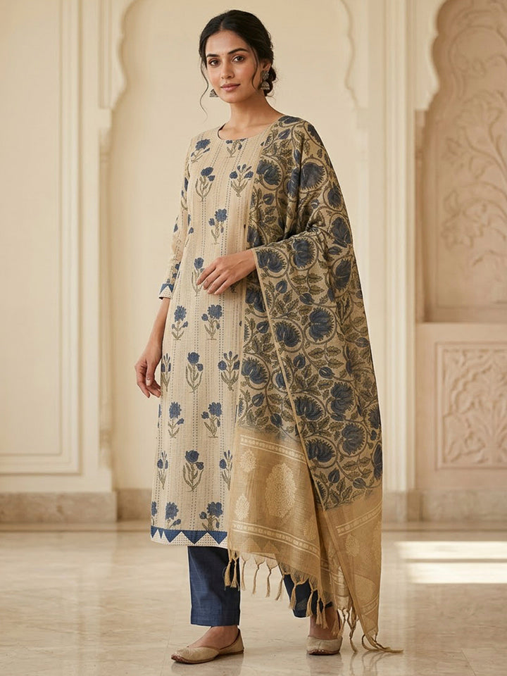 Beige Chanderi Printed Unstitched Dress Material