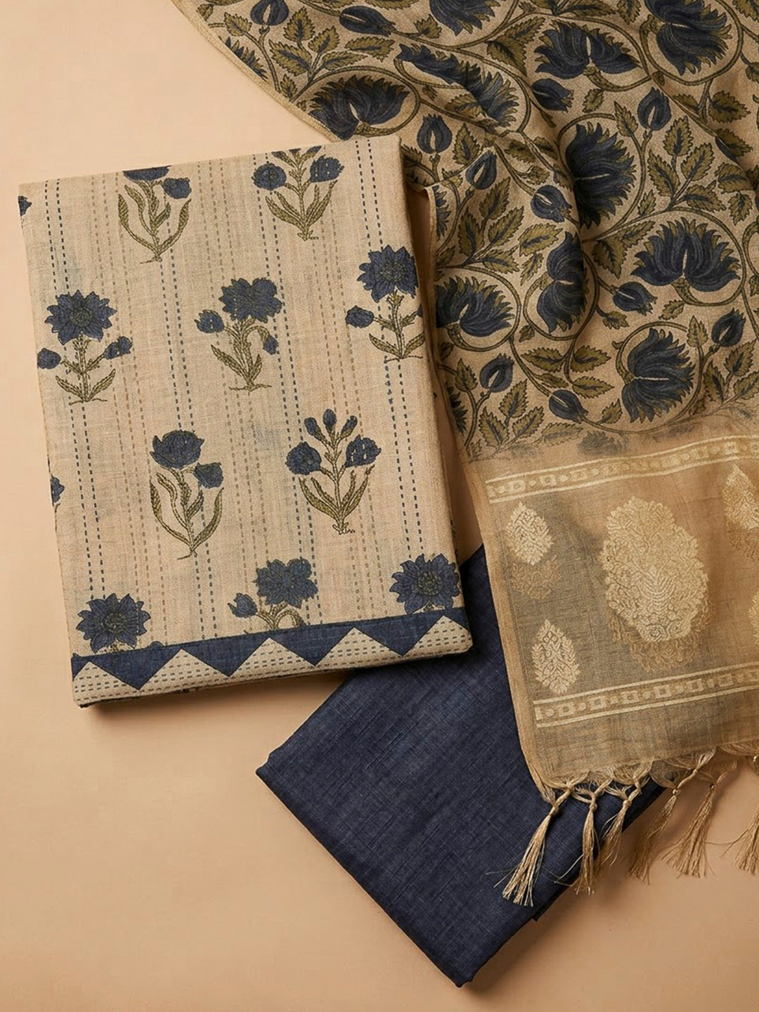 Beige Chanderi Printed Unstitched Dress Material