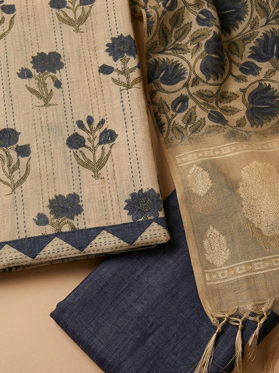 Beige Chanderi Printed Unstitched Dress Material
