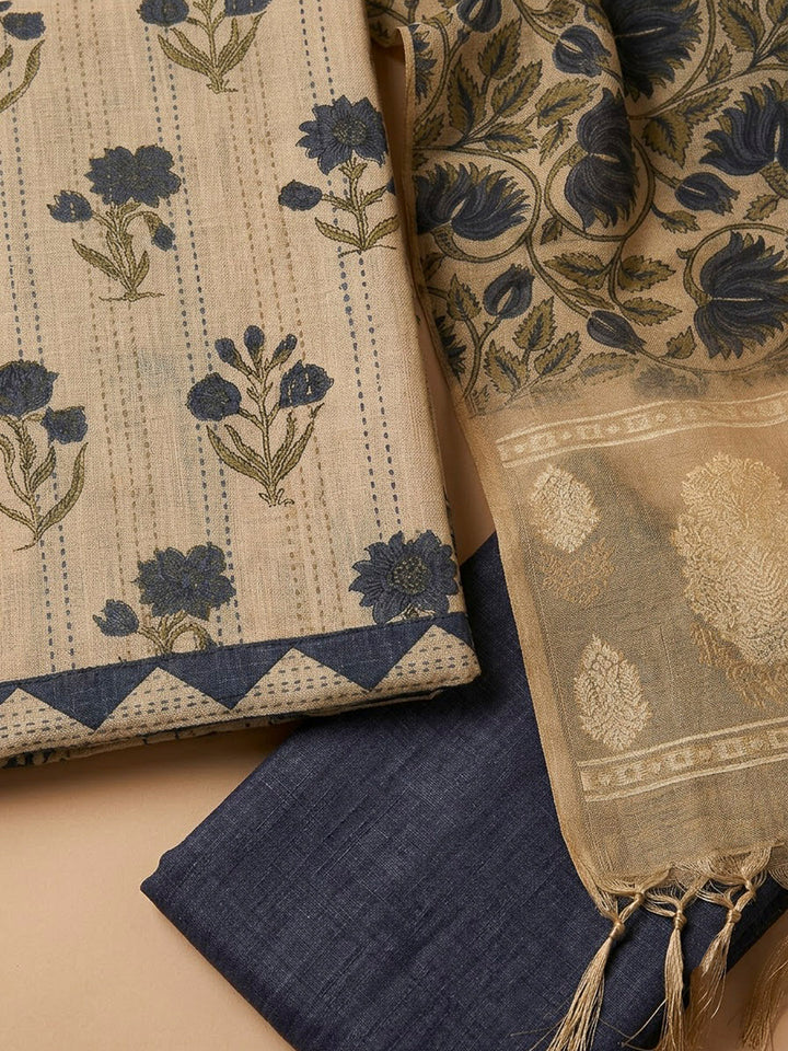 Beige Chanderi Printed Unstitched Dress Material