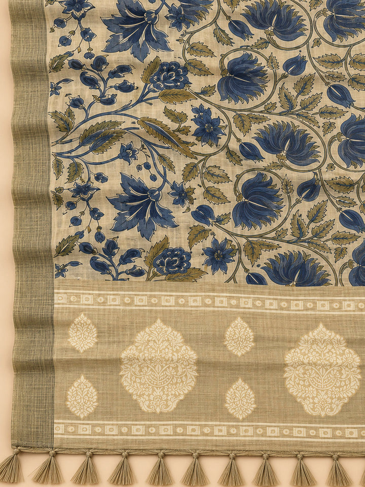 Beige Chanderi Printed Unstitched Dress Material