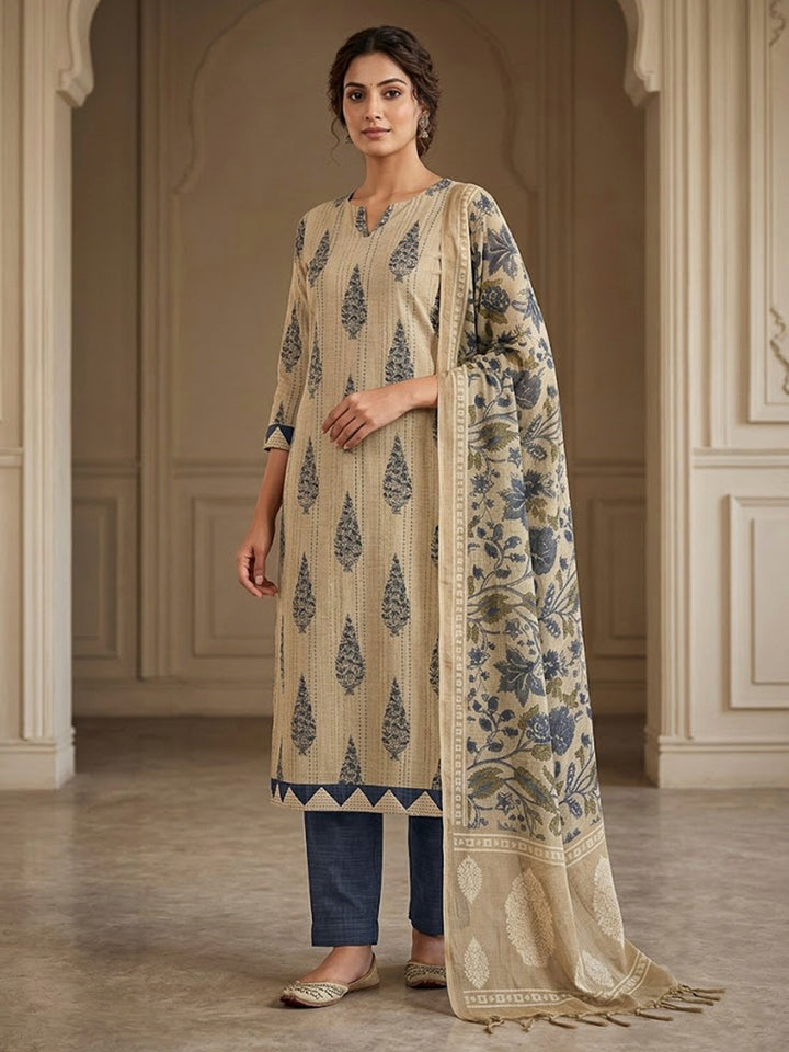 Beige Chanderi Printed Unstitched Dress Material