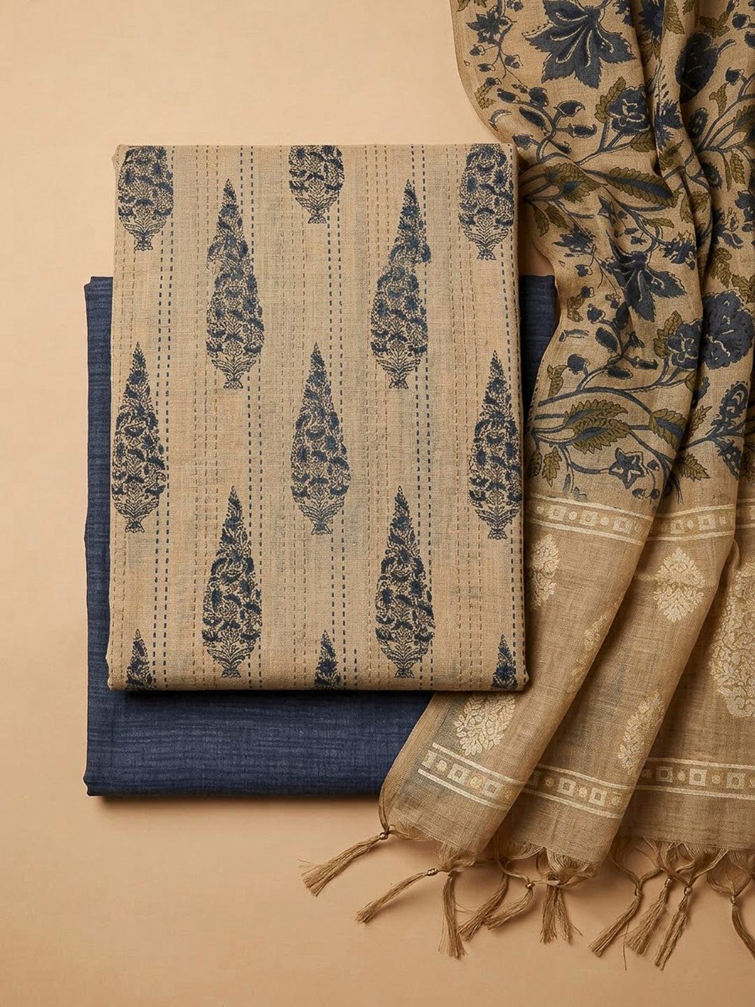 Beige Chanderi Printed Unstitched Dress Material