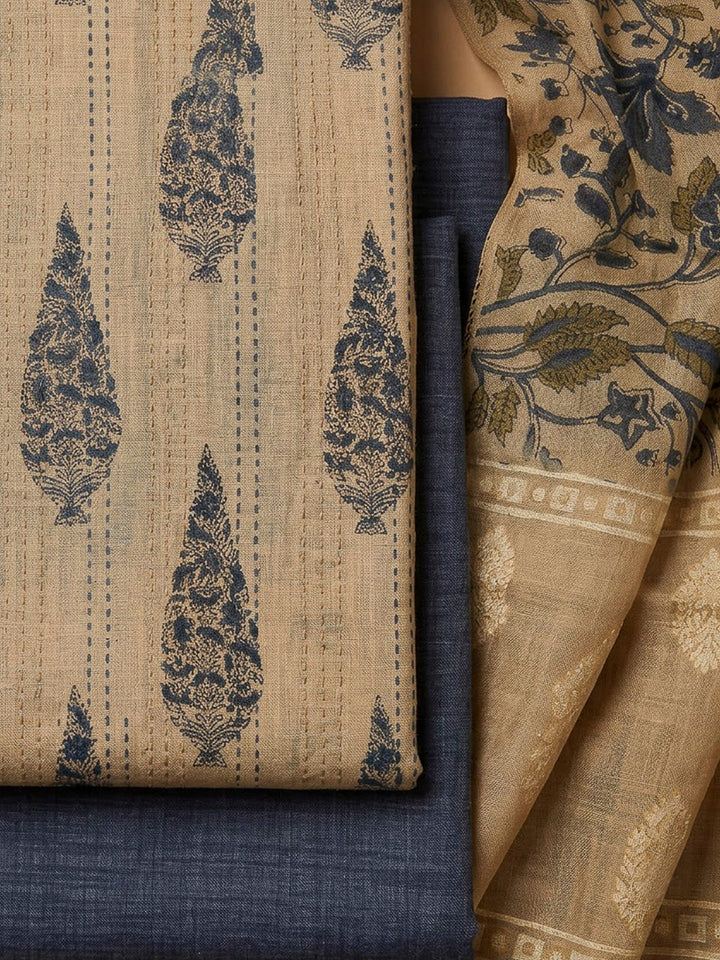 Beige Chanderi Printed Unstitched Dress Material
