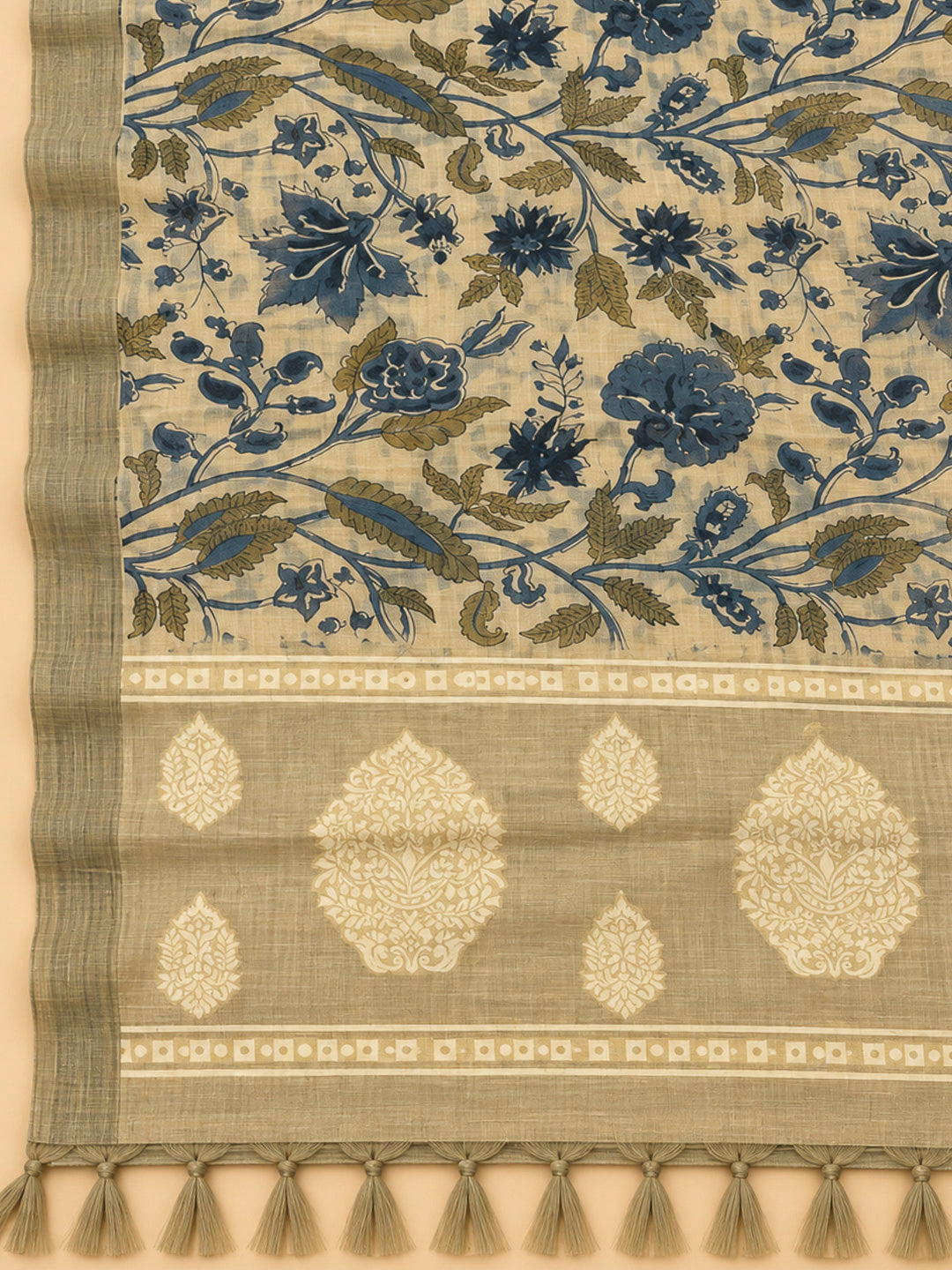 Beige Chanderi Printed Unstitched Dress Material