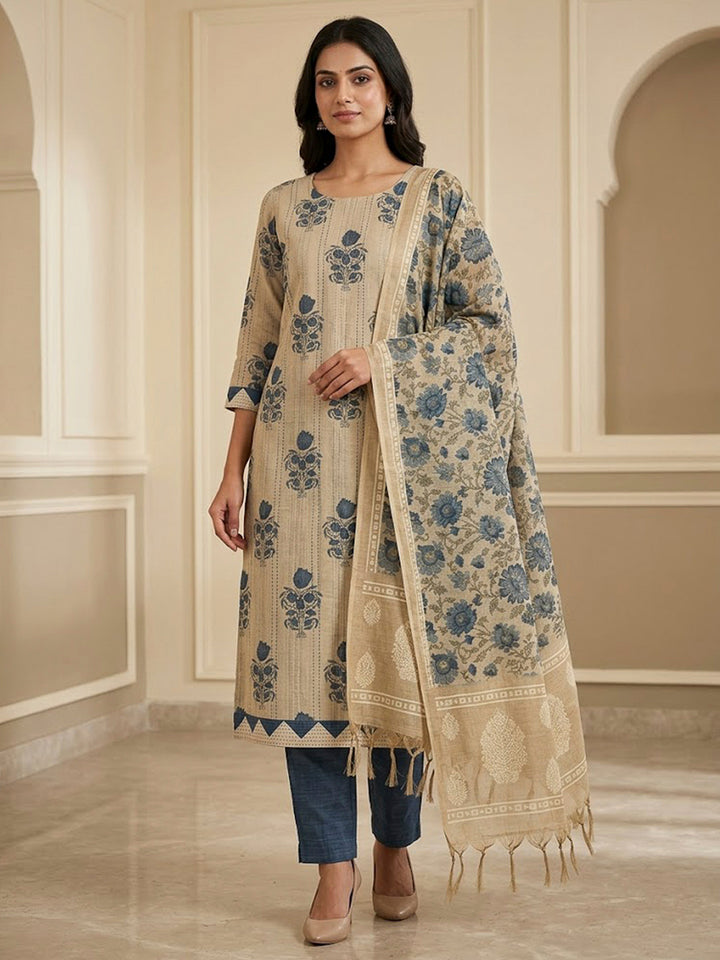 Beige Chanderi Printed Unstitched Dress Material
