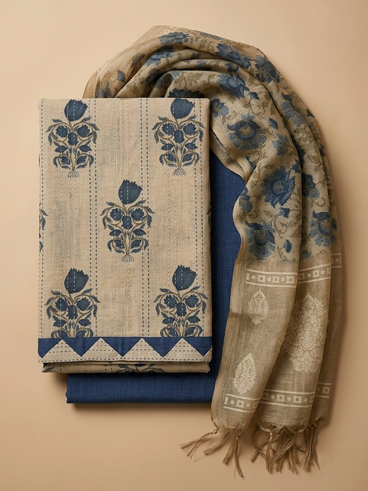 Beige Chanderi Printed Unstitched Dress Material