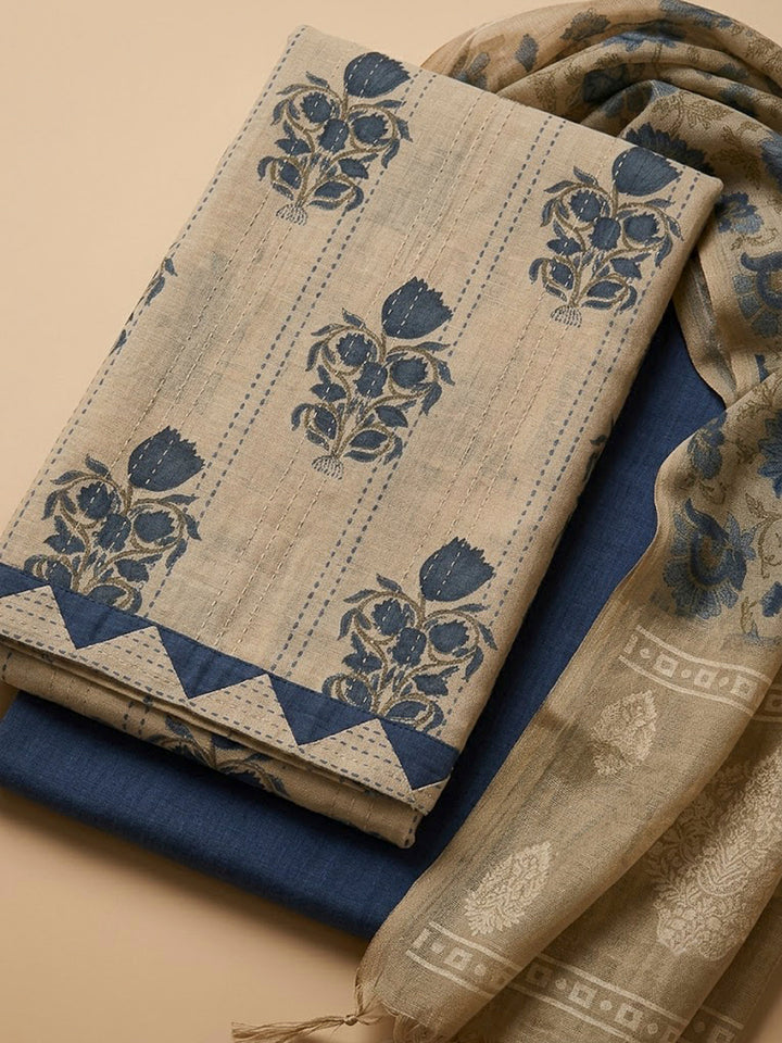 Beige Chanderi Printed Unstitched Dress Material