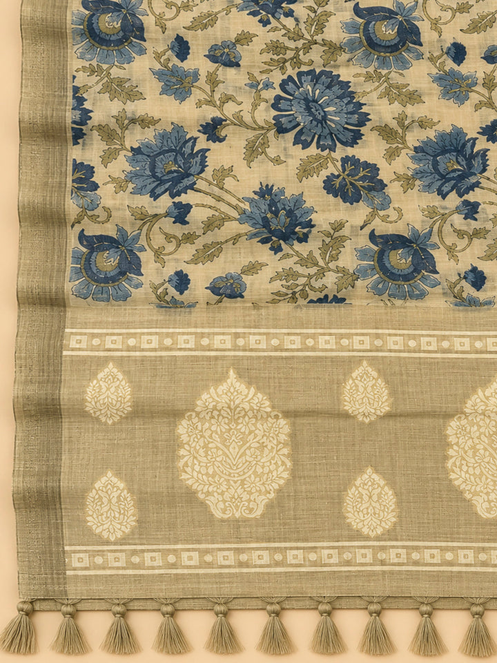 Beige Chanderi Printed Unstitched Dress Material