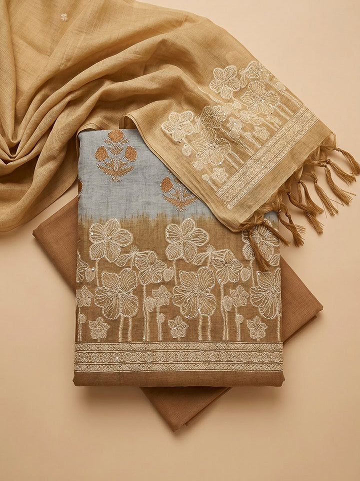 Beige Chanderi Printed Unstitched Dress Material