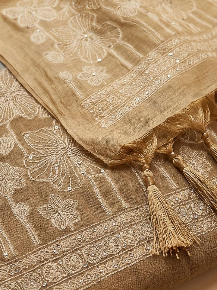 Beige Chanderi Printed Unstitched Dress Material