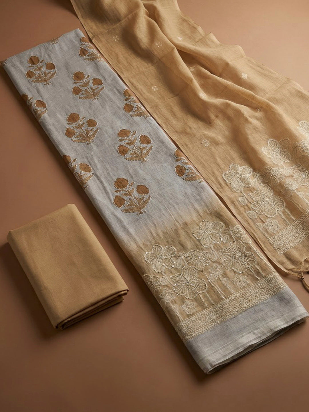 Beige Chanderi Printed Unstitched Dress Material