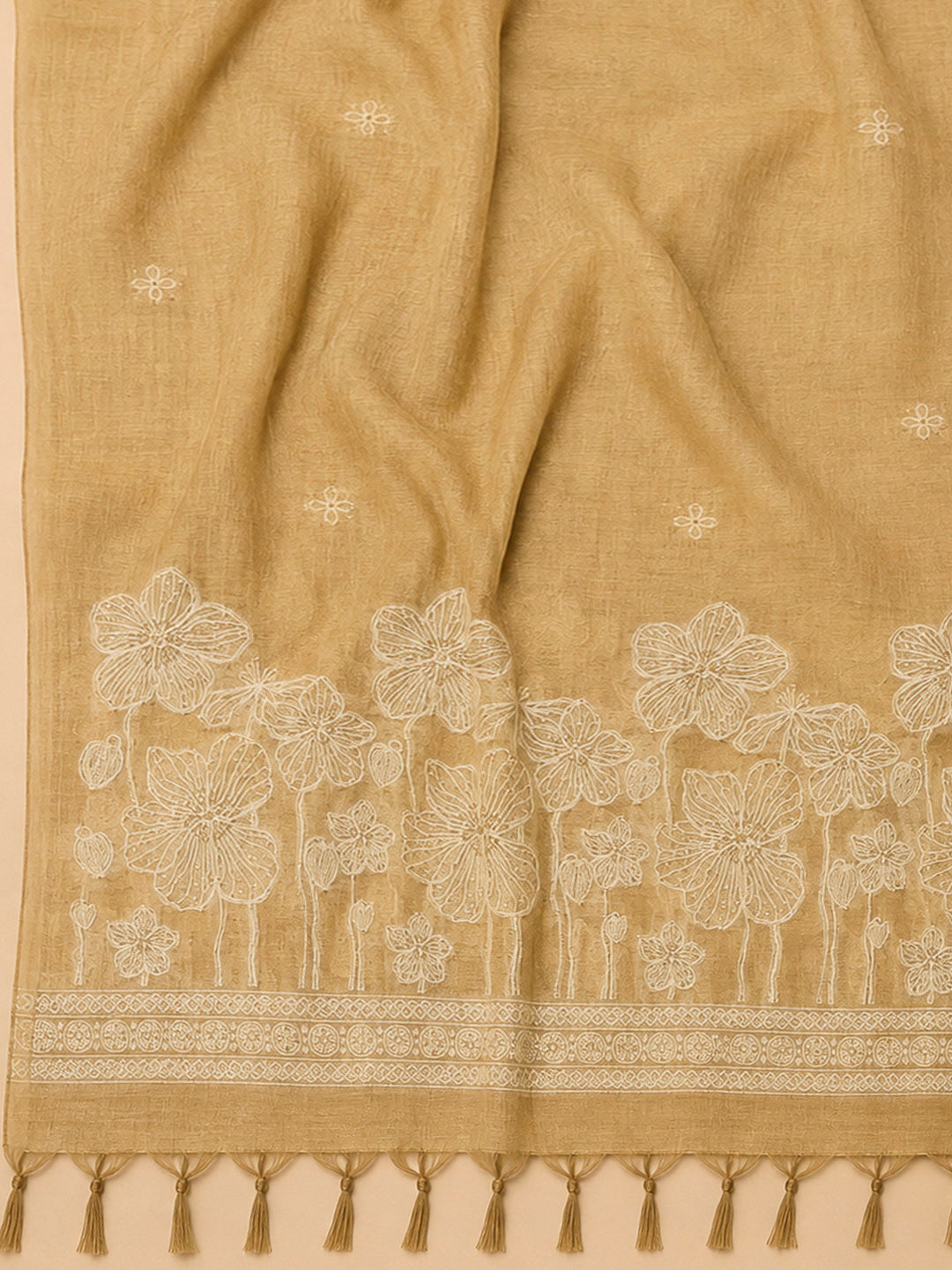 Beige Chanderi Printed Unstitched Dress Material