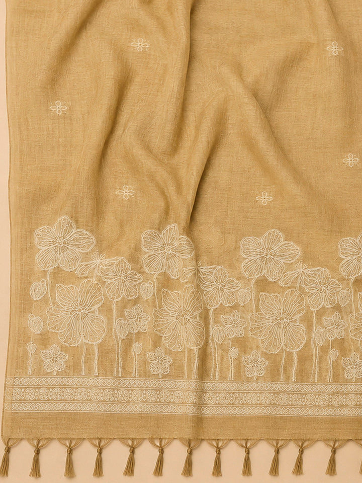 Beige Chanderi Printed Unstitched Dress Material