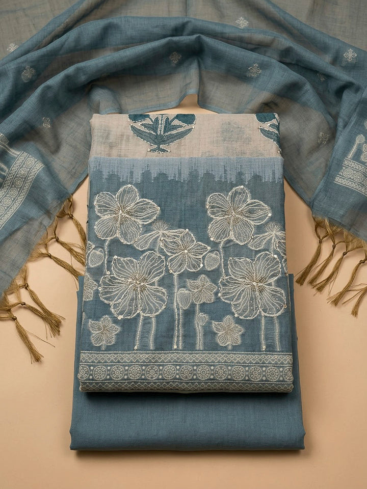 Grey Blue Chanderi Printed Unstitched Dress Material