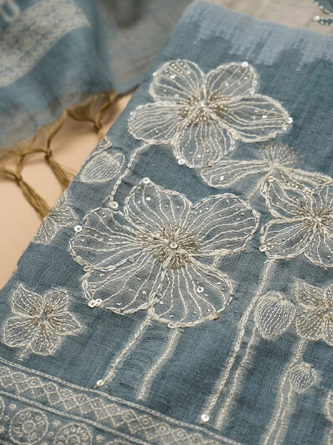 Grey Blue Chanderi Printed Unstitched Dress Material