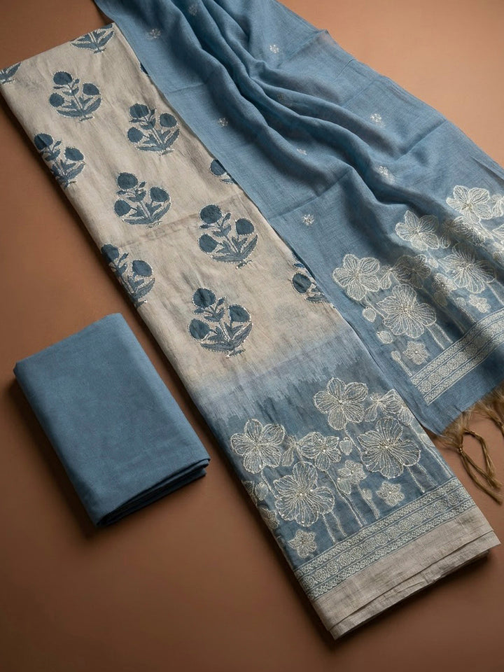 Grey Blue Chanderi Printed Unstitched Dress Material