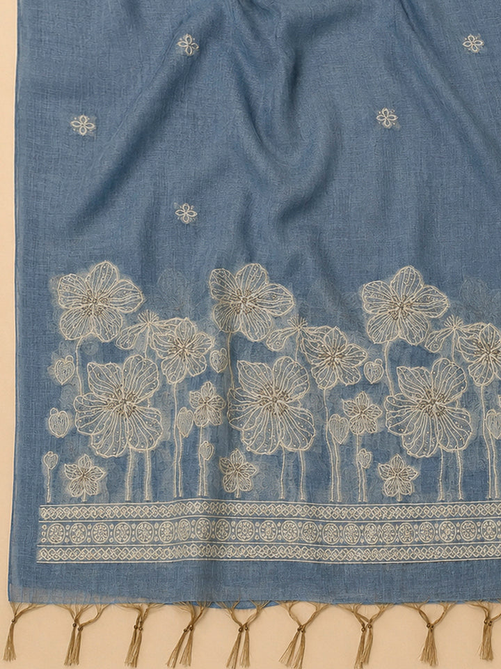 Grey Blue Chanderi Printed Unstitched Dress Material