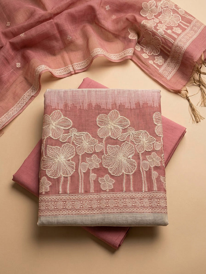 Onion Pink Chanderi Printed Unstitched Dress Material