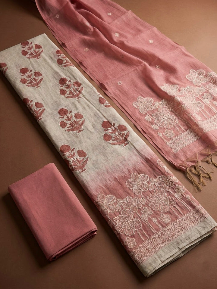 Onion Pink Chanderi Printed Unstitched Dress Material