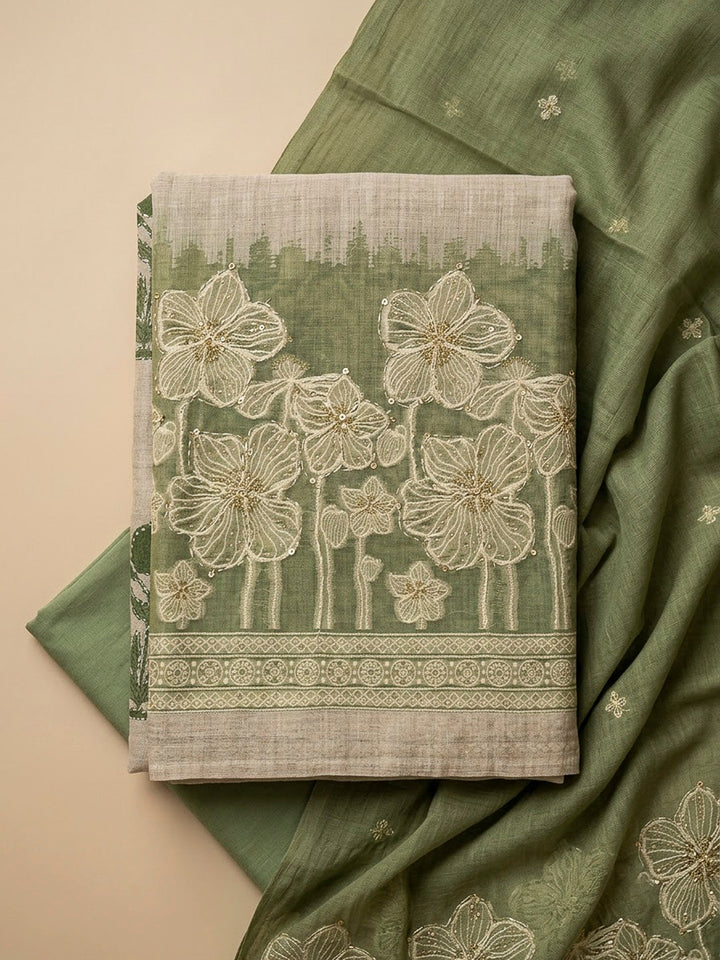 Pista Green Chanderi Printed Unstitched Dress Material