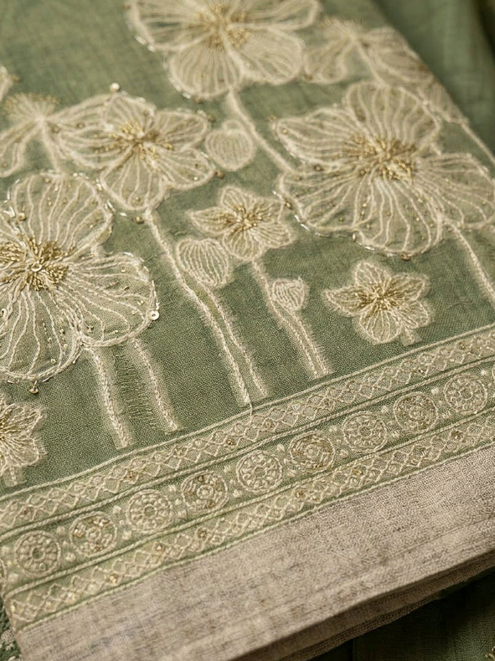 Pista Green Chanderi Printed Unstitched Dress Material