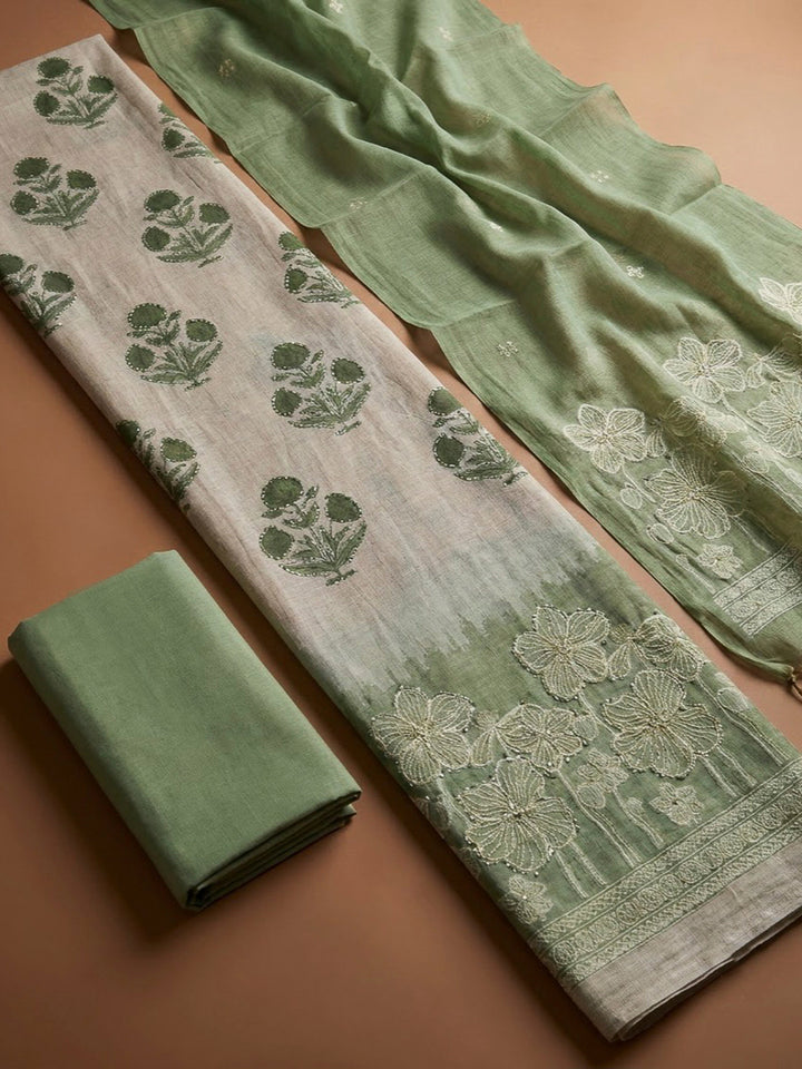 Pista Green Chanderi Printed Unstitched Dress Material