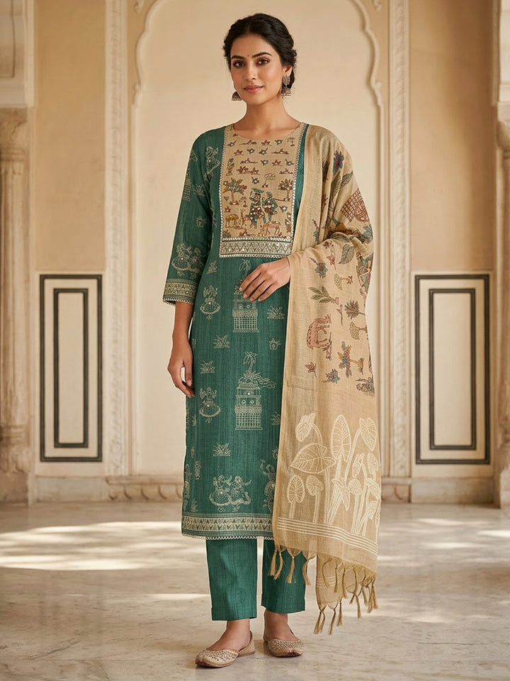 Green Chanderi Embroidered Unstitched Dress Material