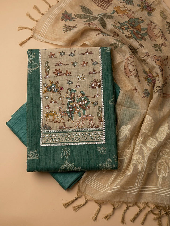Green Chanderi Embroidered Unstitched Dress Material