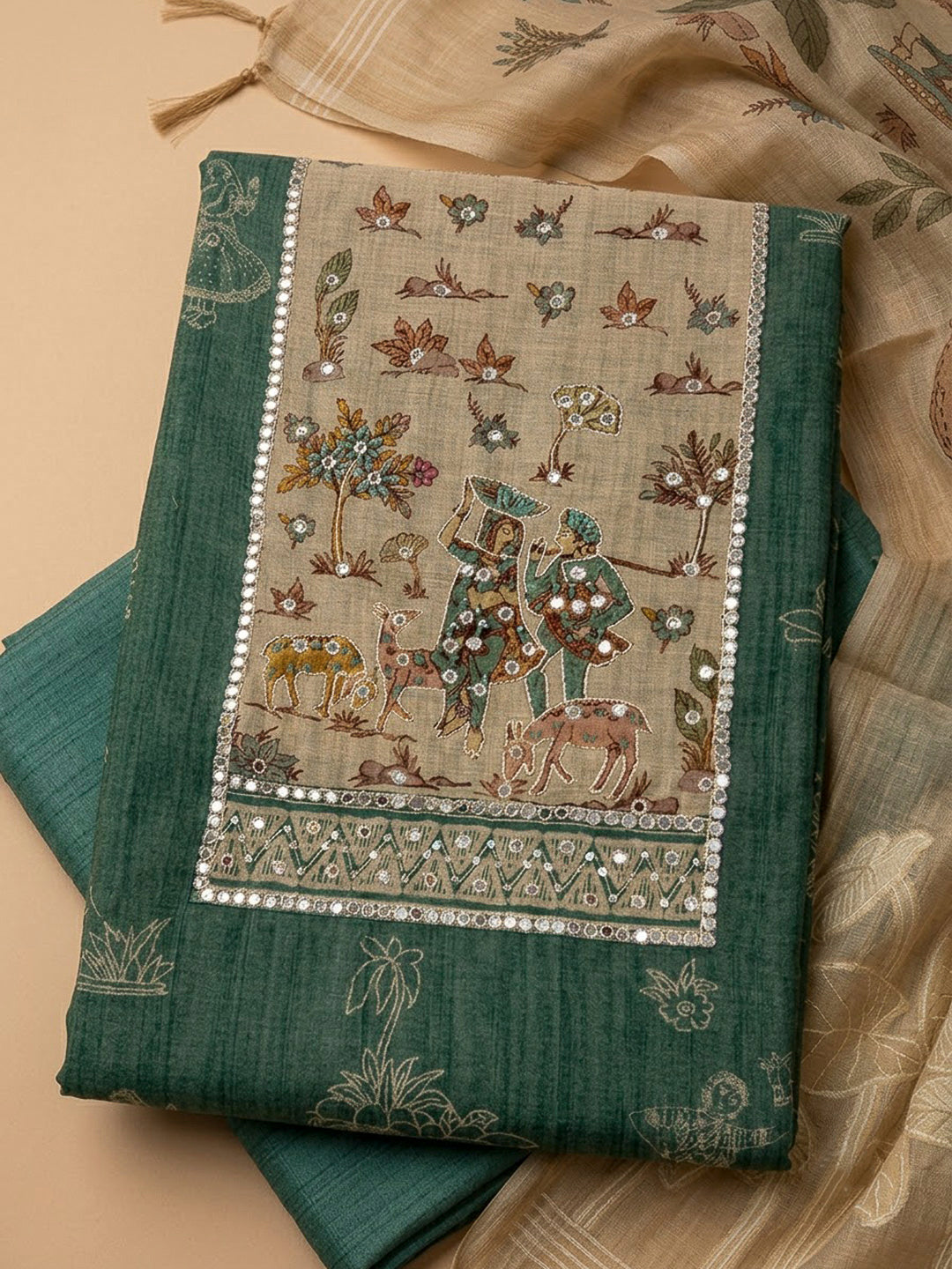 Green Chanderi Embroidered Unstitched Dress Material