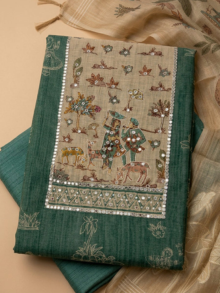 Green Chanderi Embroidered Unstitched Dress Material