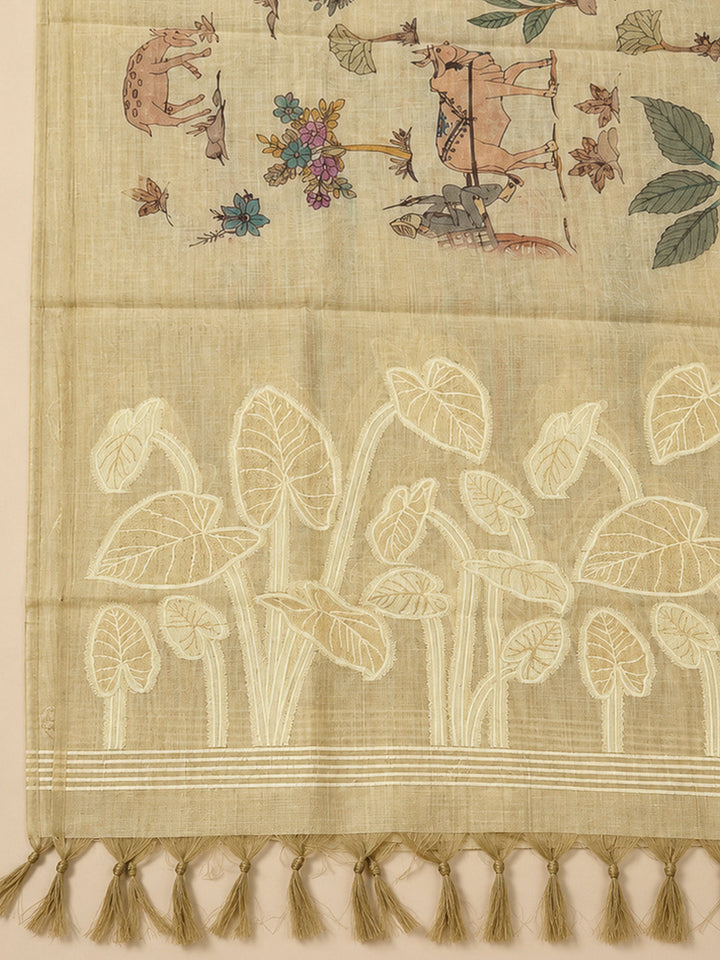 Green Chanderi Embroidered Unstitched Dress Material