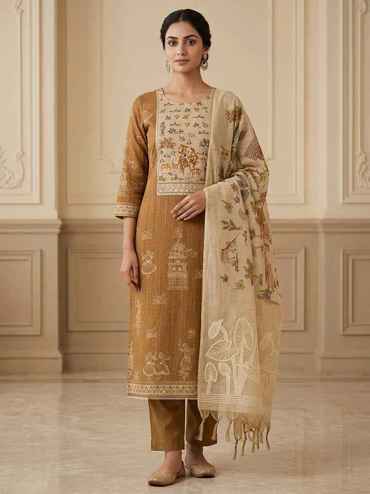 Mustard Chanderi Embroidered Unstitched Dress Material