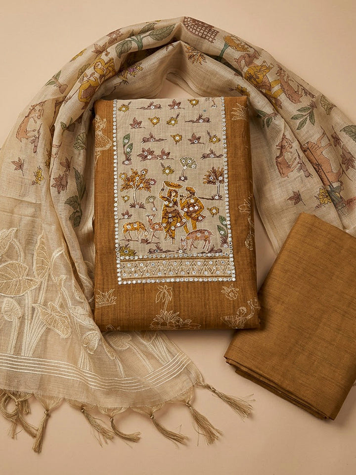 Mustard Chanderi Embroidered Unstitched Dress Material